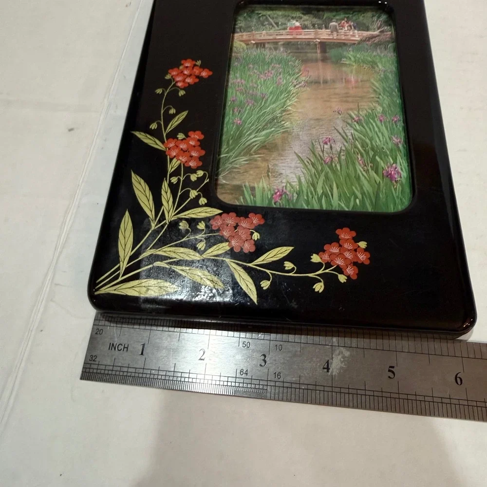 Vintage Made in Japan Black Lacquer Cherry Blossom Picture Frame Sakura Oriental